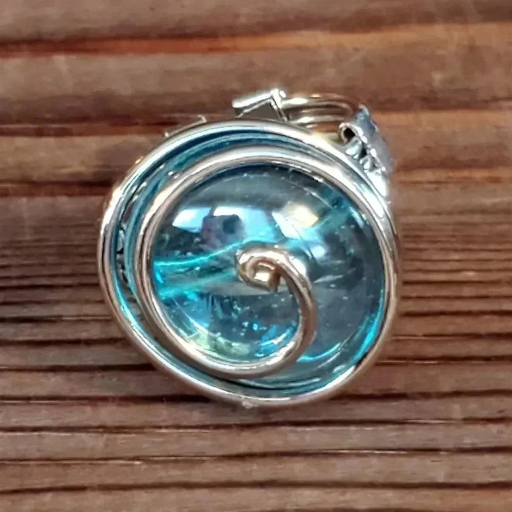 Handcrafted Edgy Turquoise Blue Luster Silver Spiral Luster Glass Bauble Ring